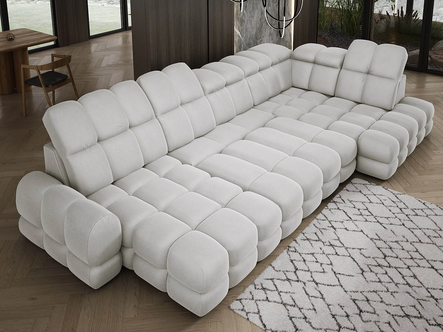 Canapé d’angle Tollo Frêne tissu Solar côté droit 400x217x105 cm, U-Form avec couchage, coffre 120x85x17 cm, réglable électriquement