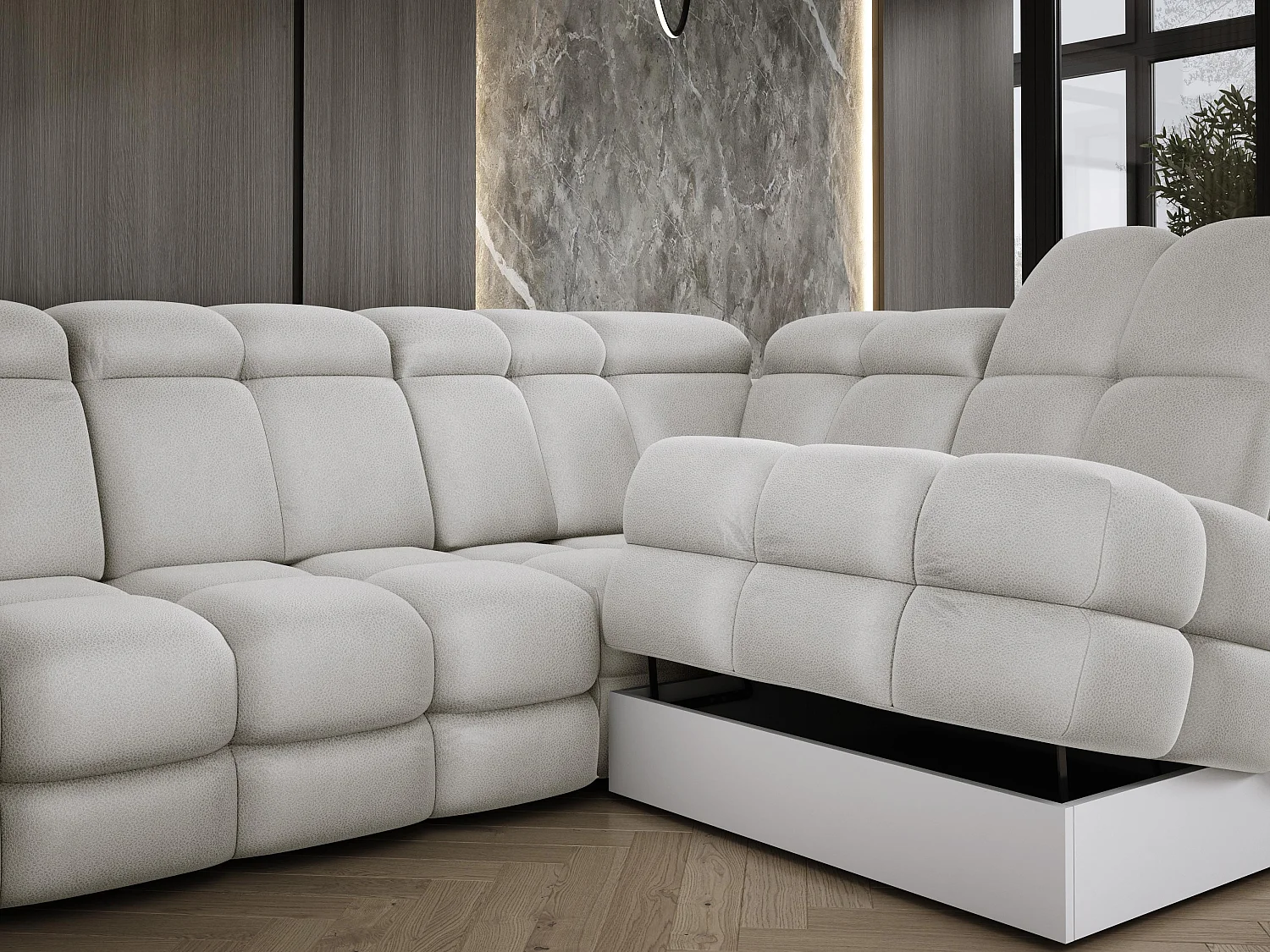 Canapé d’angle Tollo Frêne tissu Solar côté droit 400x217x105 cm, U-Form avec couchage, coffre 120x85x17 cm, réglable électriquement