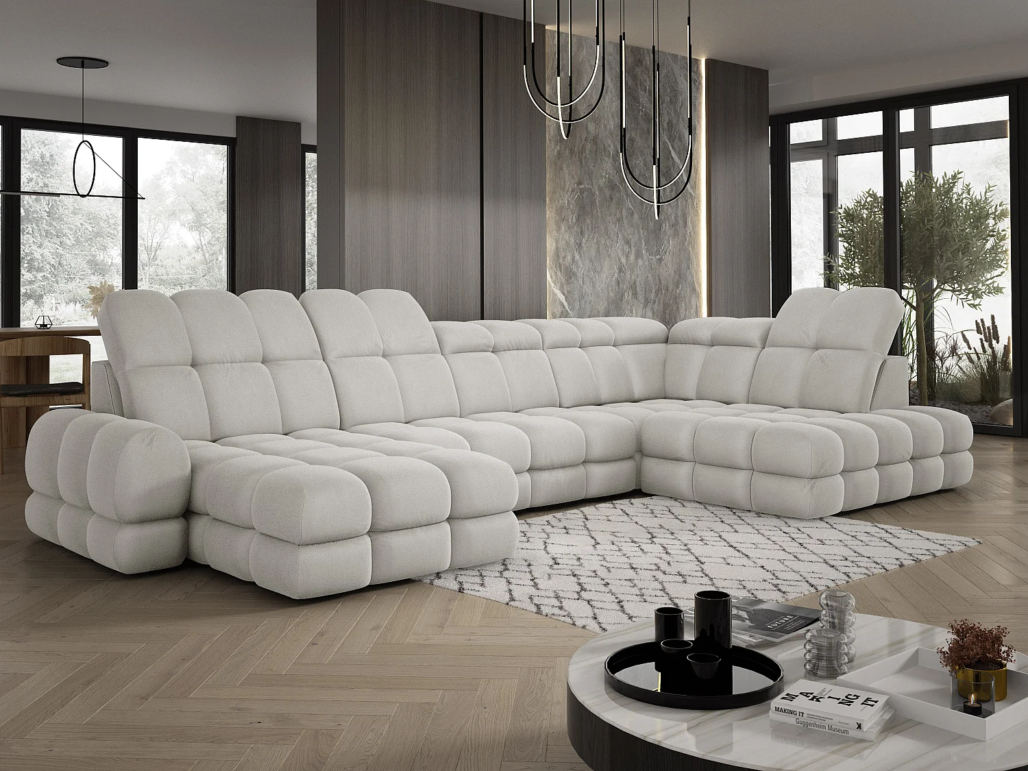 Canapé d’angle Tollo Frêne tissu Solar côté droit 400x217x105 cm, U-Form avec couchage, coffre 120x85x17 cm, réglable électriquement