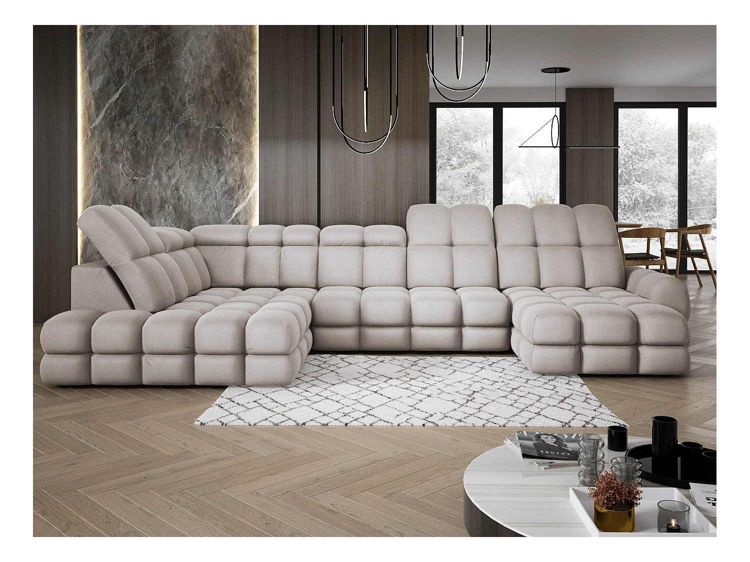 Ecksofa Tollo Cappuccino Solar-Stoff Links 400x217x105 cm, U-Form, Schlaffunktion, Bettkasten 120x85x17 cm, elektrisch verstellbar