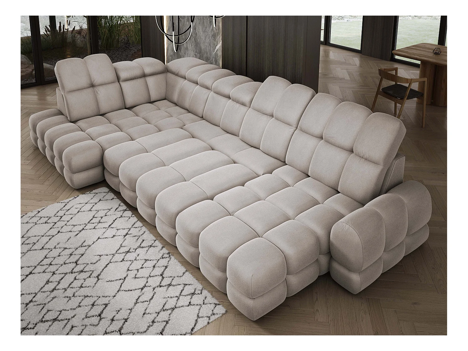 Ecksofa Tollo Cappuccino Solar-Stoff Links 400x217x105 cm, U-Form, Schlaffunktion, Bettkasten 120x85x17 cm, elektrisch verstellbar