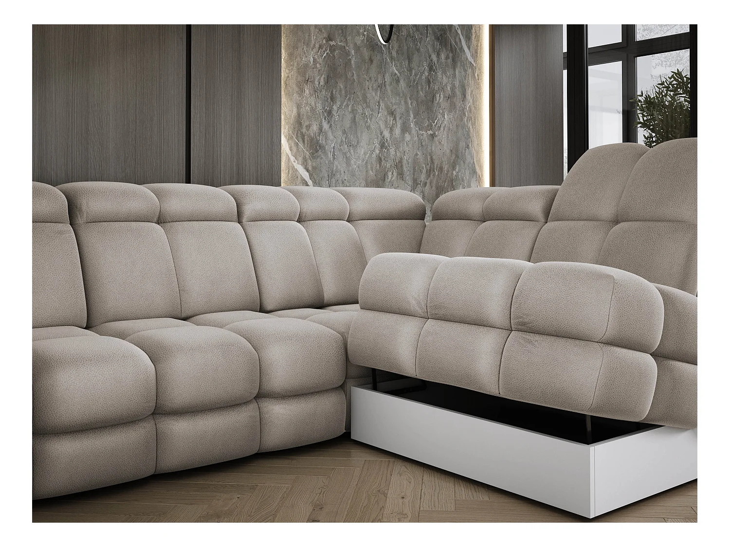 Ecksofa Tollo Cappuccino Solar-Stoff Links 400x217x105 cm, U-Form, Schlaffunktion, Bettkasten 120x85x17 cm, elektrisch verstellbar
