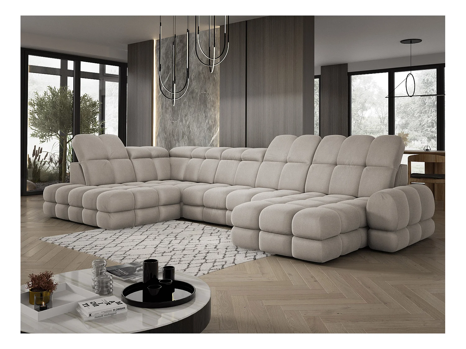 Ecksofa Tollo Cappuccino Solar-Stoff Links 400x217x105 cm, U-Form, Schlaffunktion, Bettkasten 120x85x17 cm, elektrisch verstellbar
