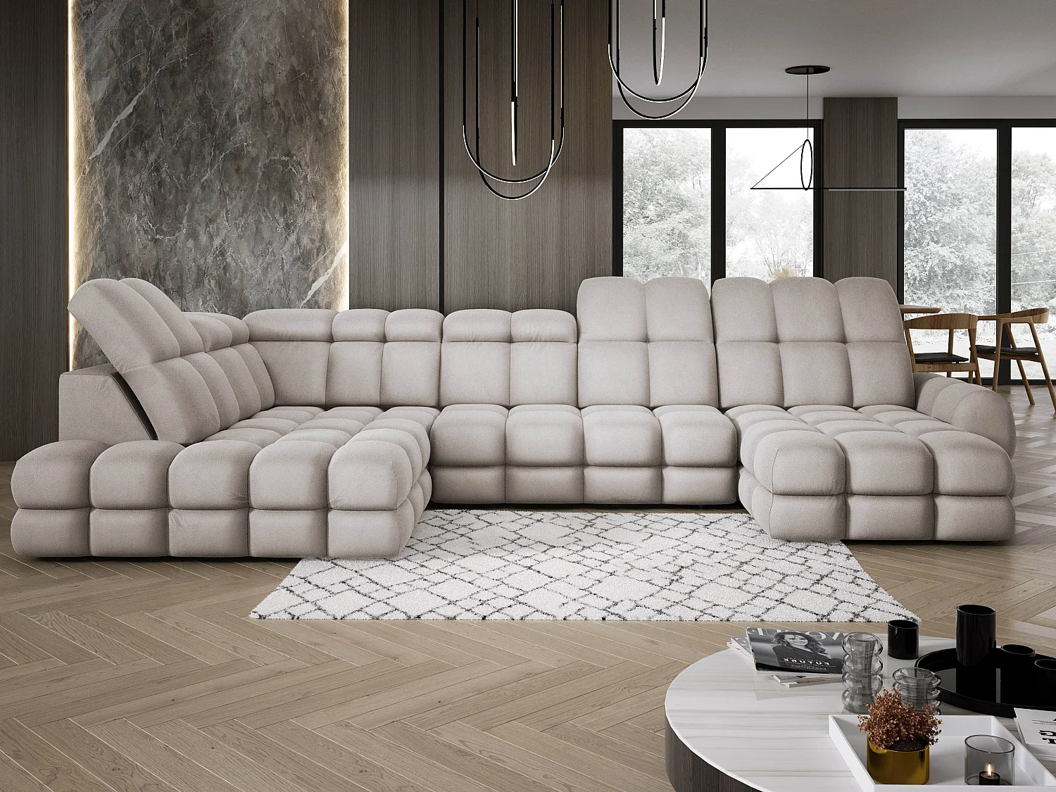 Canapé d’angle Tollo Cappuccino tissu Solar côté gauche 400x217x105 cm, U-Form avec couchage, coffre 120x85x17 cm, réglable électriquement