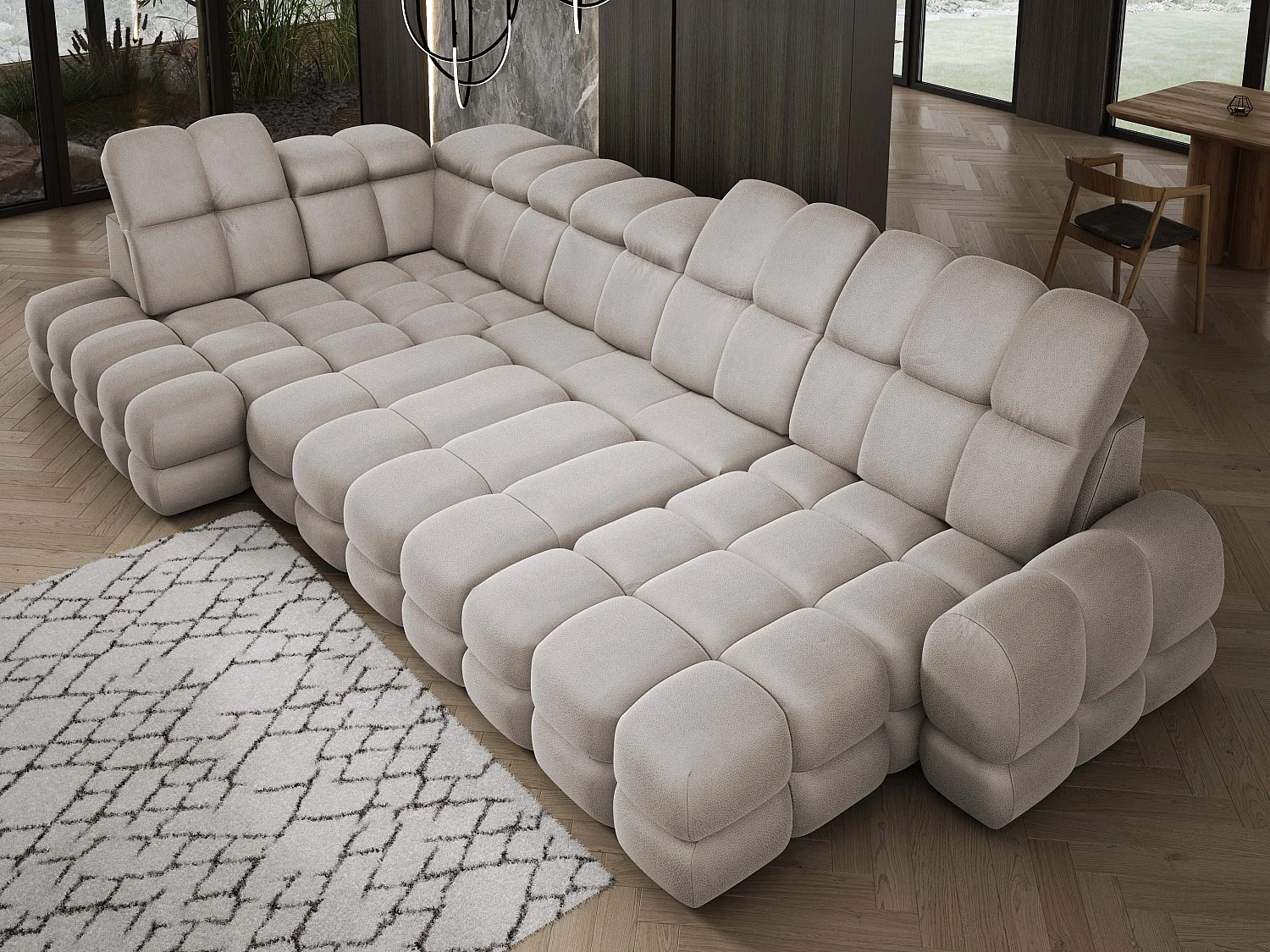 Canapé d’angle Tollo Cappuccino tissu Solar côté gauche 400x217x105 cm, U-Form avec couchage, coffre 120x85x17 cm, réglable électriquement