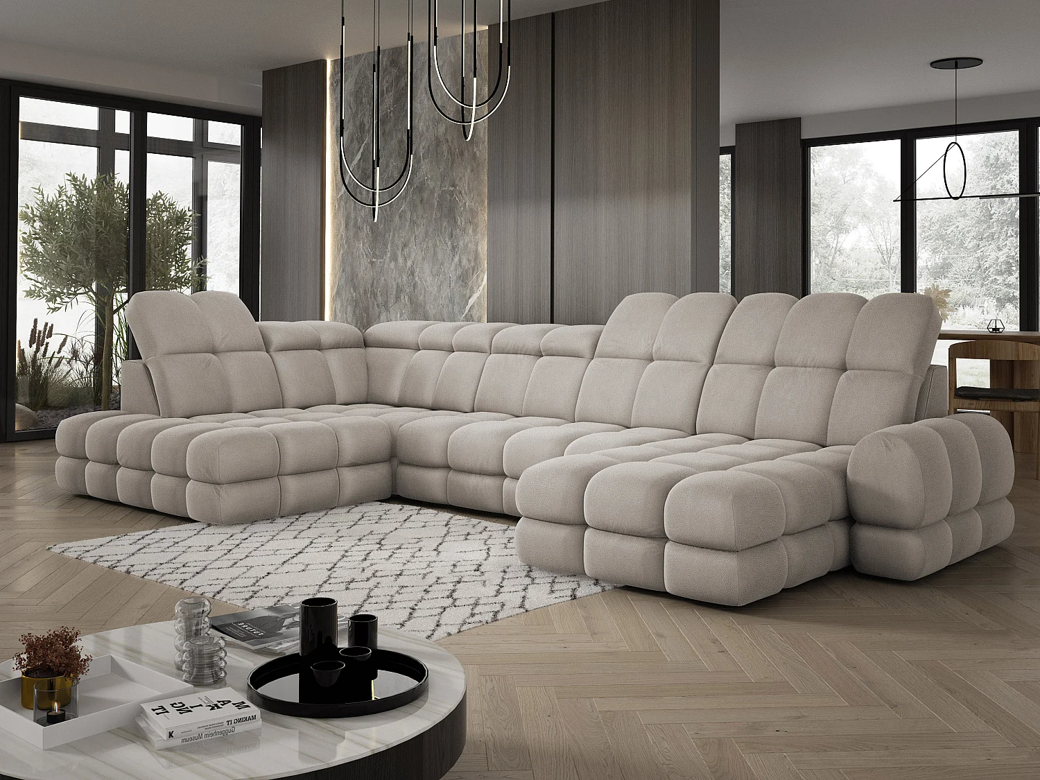 Canapé d’angle Tollo Cappuccino tissu Solar côté gauche 400x217x105 cm, U-Form avec couchage, coffre 120x85x17 cm, réglable électriquement