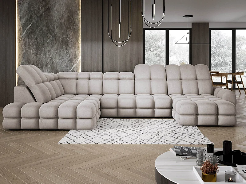 Canapé d’angle Tollo Cappuccino tissu Solar côté gauche 400x217x105 cm, U-Form avec couchage, coffre 120x85x17 cm, réglable électriquement