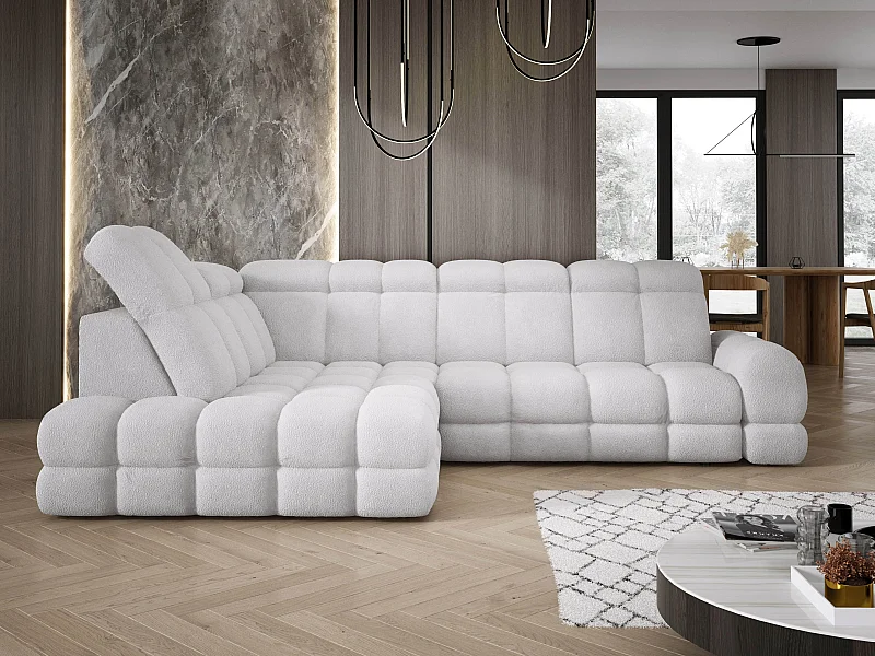 Ecksofa Tollo Silber Anthology-Stoff Links 302x217x105 cm, L-Form mit Schlaffunktion, Bettkasten 120x85x17 cm, Elektrisch Verstellbar