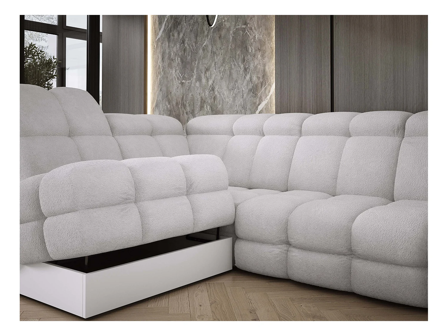 Narożnik Tollo Srebrny Anthology, Lewa 302x217x105 cm, L-kształtny, Spanie, Pojemnik 120x85x17 cm, Elektryczna Regulacja