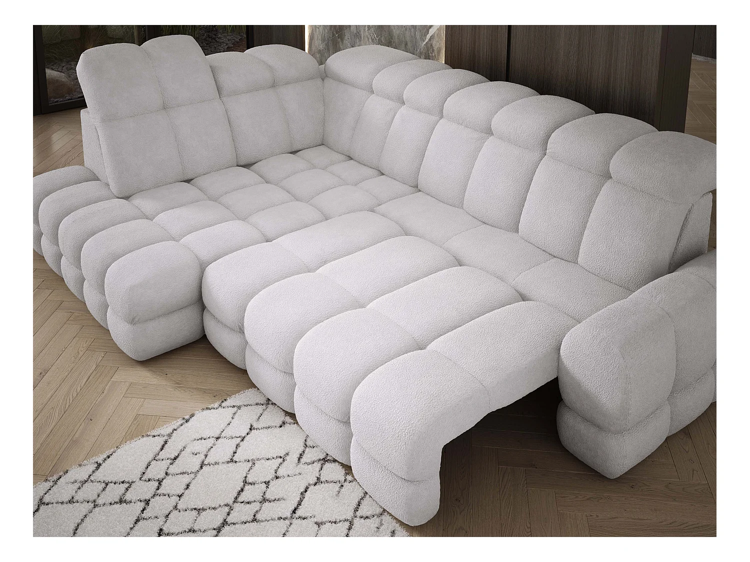 Canapé d'angle Tollo Argent tissu Anthology côté gauche 302x217x105 cm, forme L, convertible, coffre 120x85x17 cm, réglable électriquement