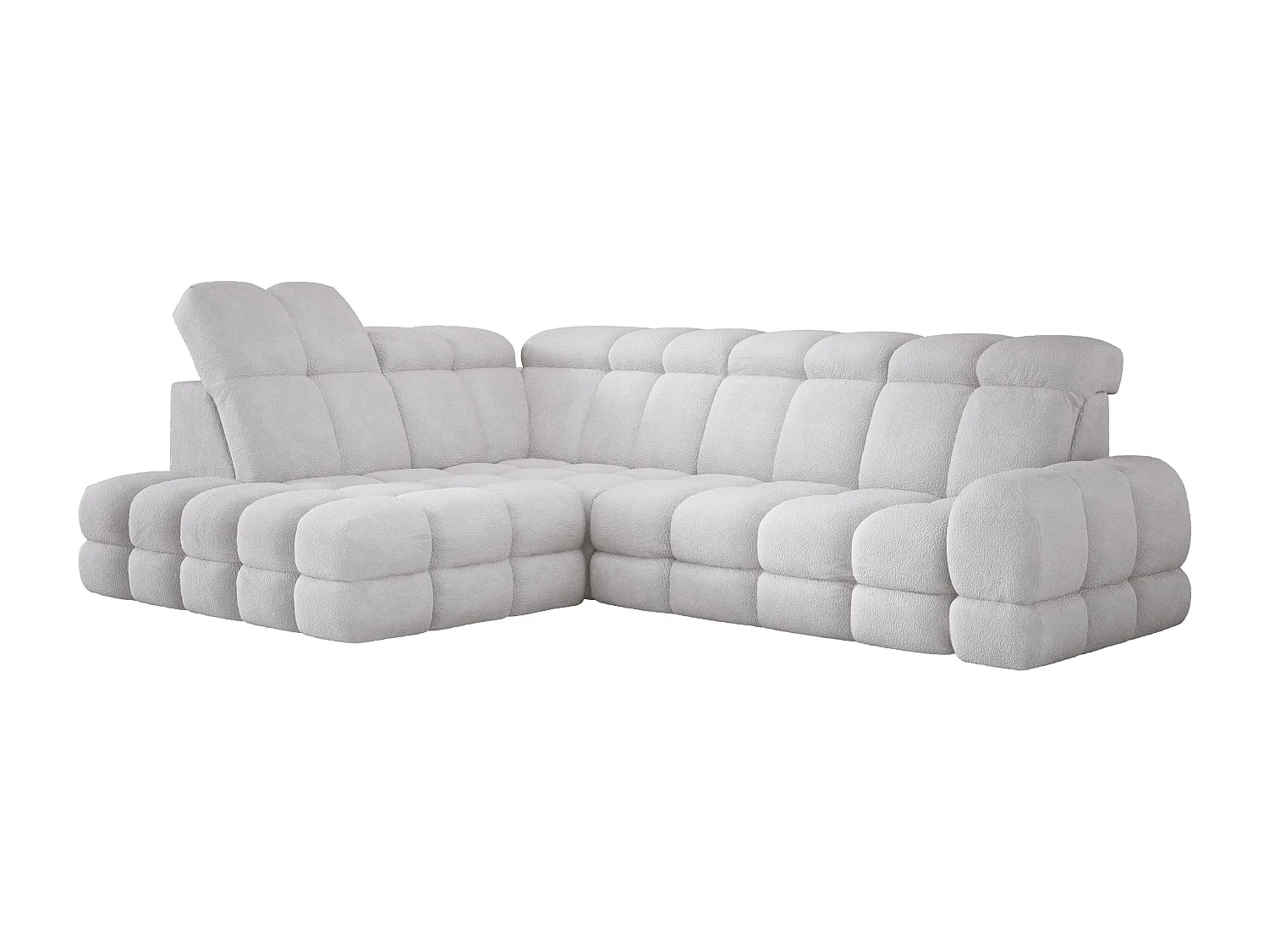 Canapé d'angle Tollo Argent tissu Anthology côté gauche 302x217x105 cm, forme L, convertible, coffre 120x85x17 cm, réglable électriquement