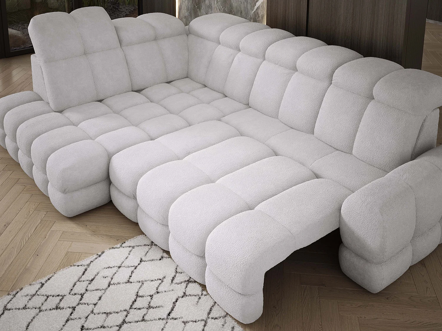 Canapé d'angle Tollo Argent tissu Anthology côté gauche 302x217x105 cm, forme L, convertible, coffre 120x85x17 cm, réglable électriquement