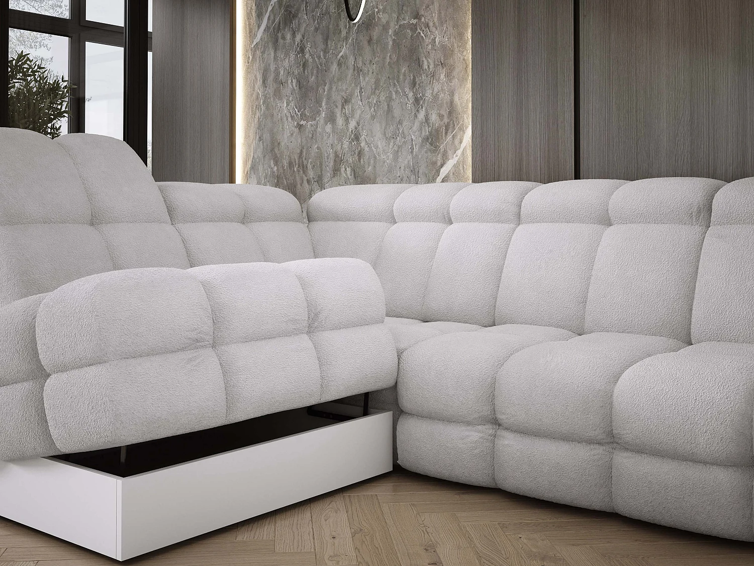 Canapé d'angle Tollo Argent tissu Anthology côté gauche 302x217x105 cm, forme L, convertible, coffre 120x85x17 cm, réglable électriquement