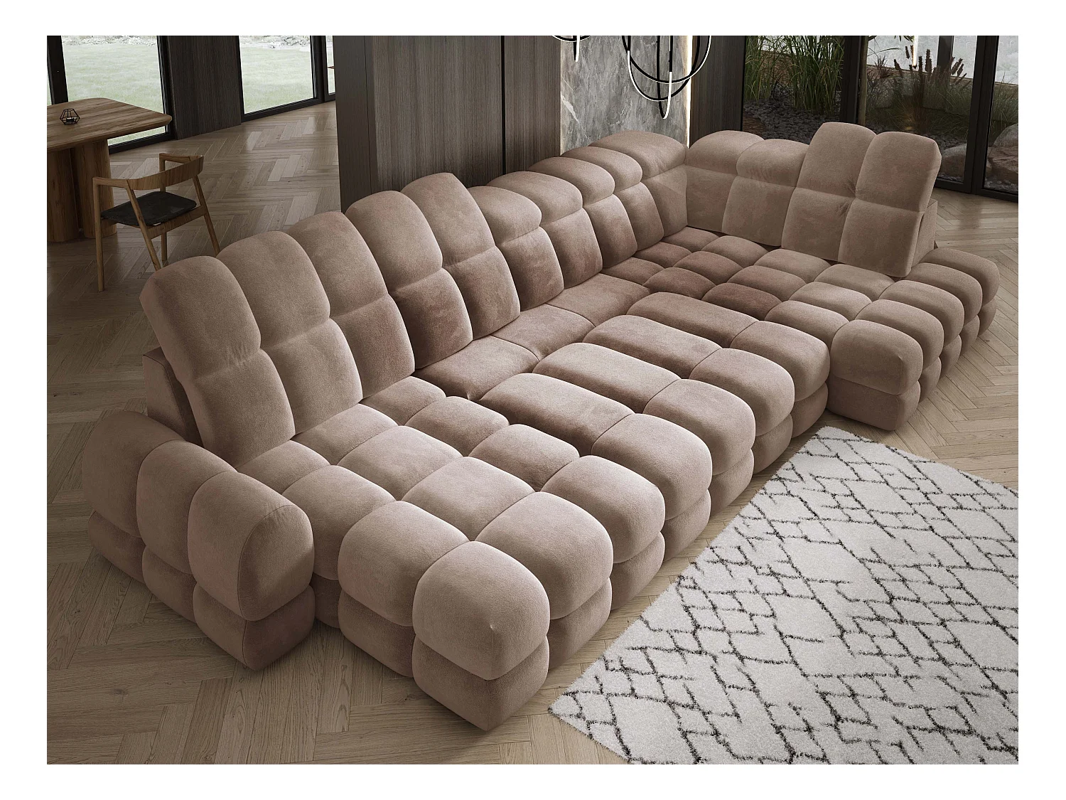 Canapé d’angle Tollo Brun tissu Salvador côté droit 400x217x105 cm, U-Form avec couchage, coffre 120x85x17 cm, réglable électriquement