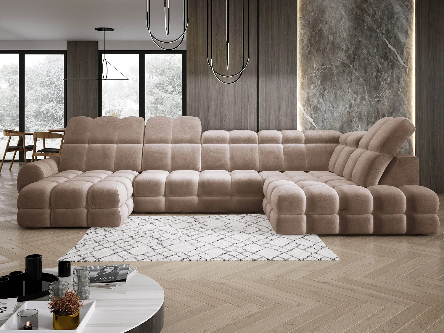 Canapé d’angle Tollo Brun tissu Salvador côté droit 400x217x105 cm, U-Form avec couchage, coffre 120x85x17 cm, réglable électriquement