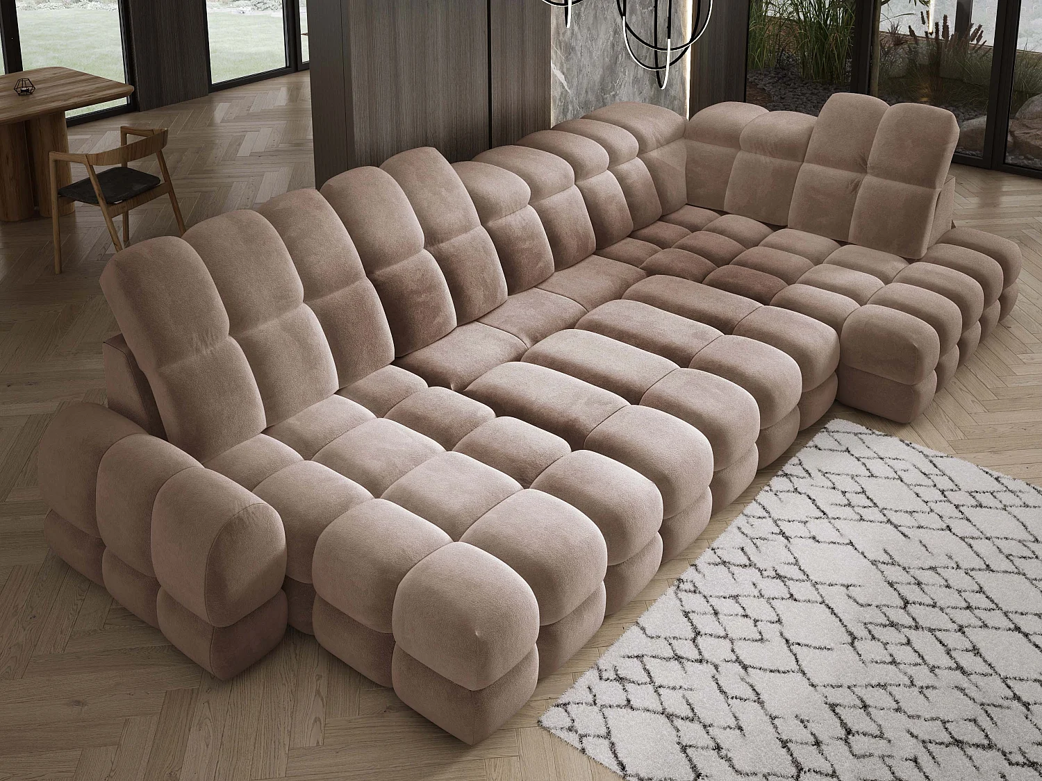 Canapé d’angle Tollo Brun tissu Salvador côté droit 400x217x105 cm, U-Form avec couchage, coffre 120x85x17 cm, réglable électriquement