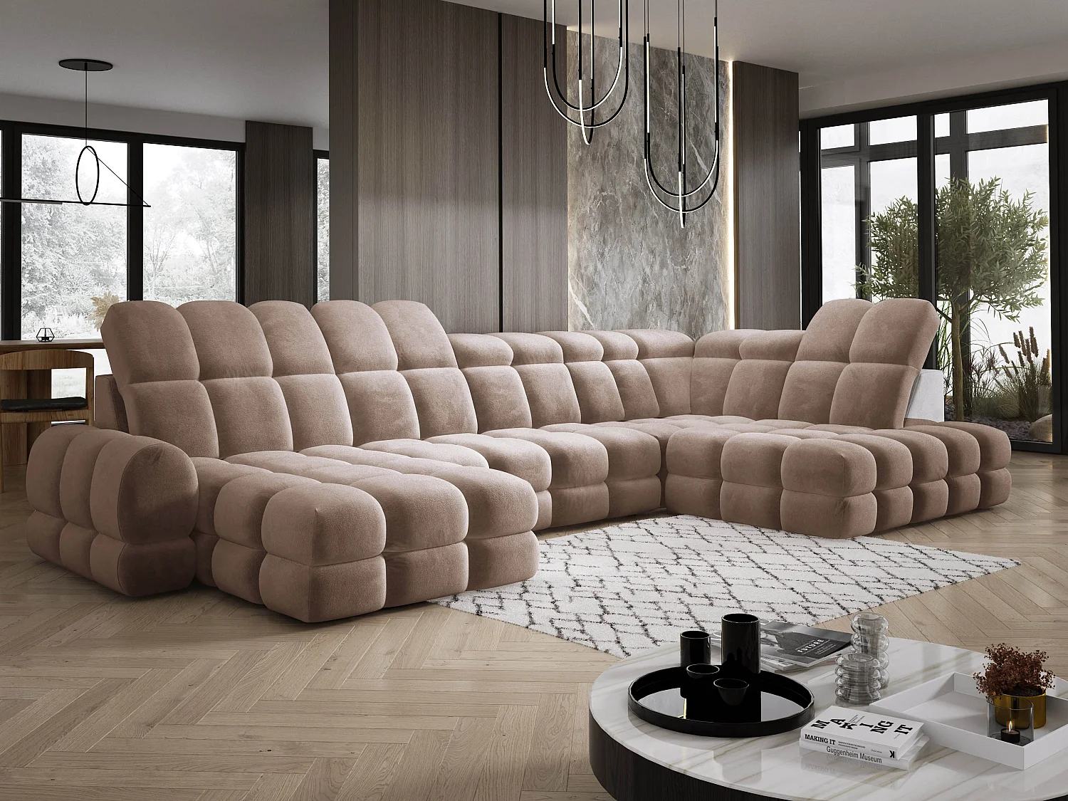 Canapé d’angle Tollo Brun tissu Salvador côté droit 400x217x105 cm, U-Form avec couchage, coffre 120x85x17 cm, réglable électriquement