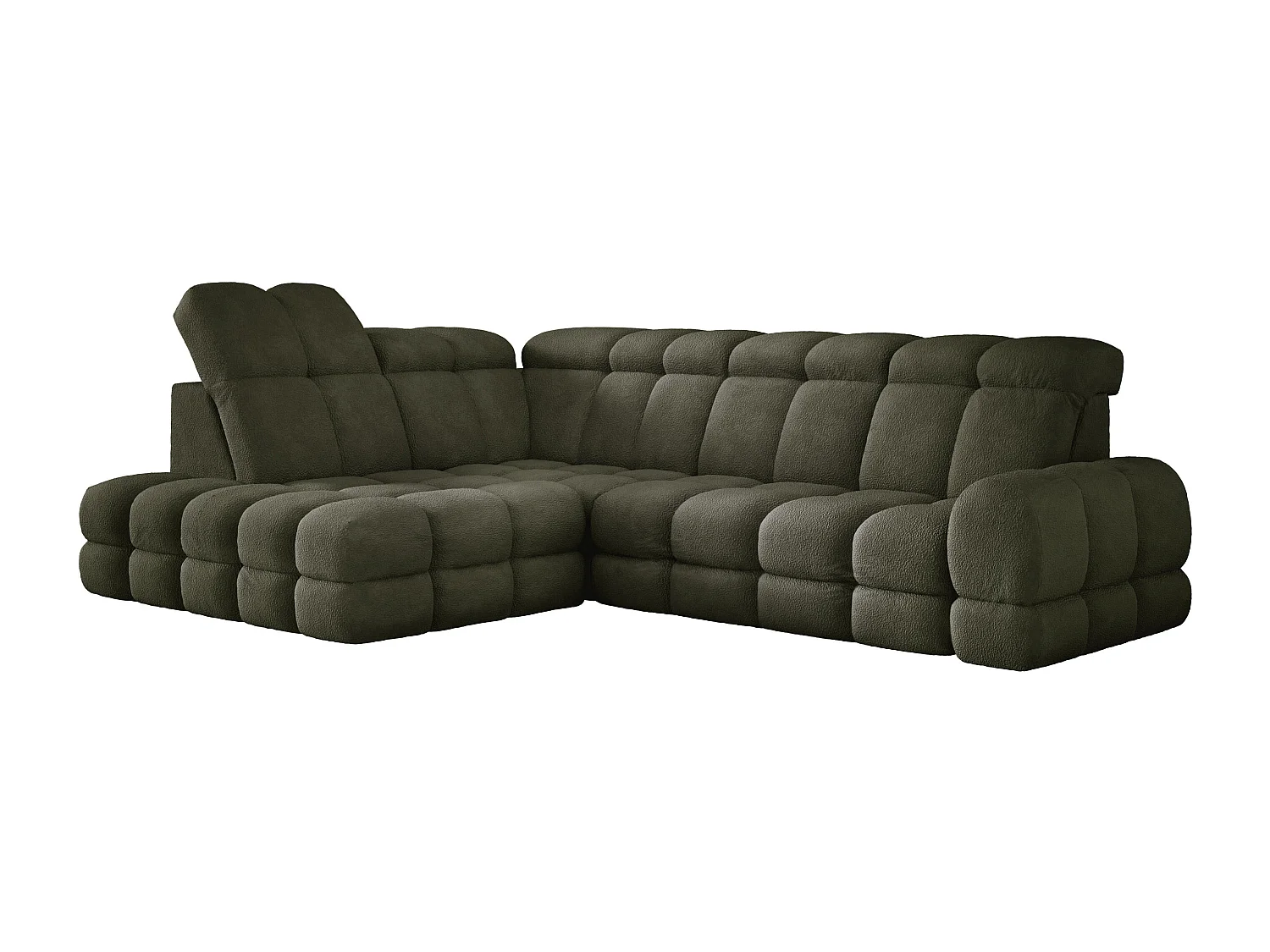 Canapé d'angle Tollo Vert tissu Anthology côté gauche 302x217x105 cm, forme L, convertible, coffre 120x85x17 cm, réglable électriquement