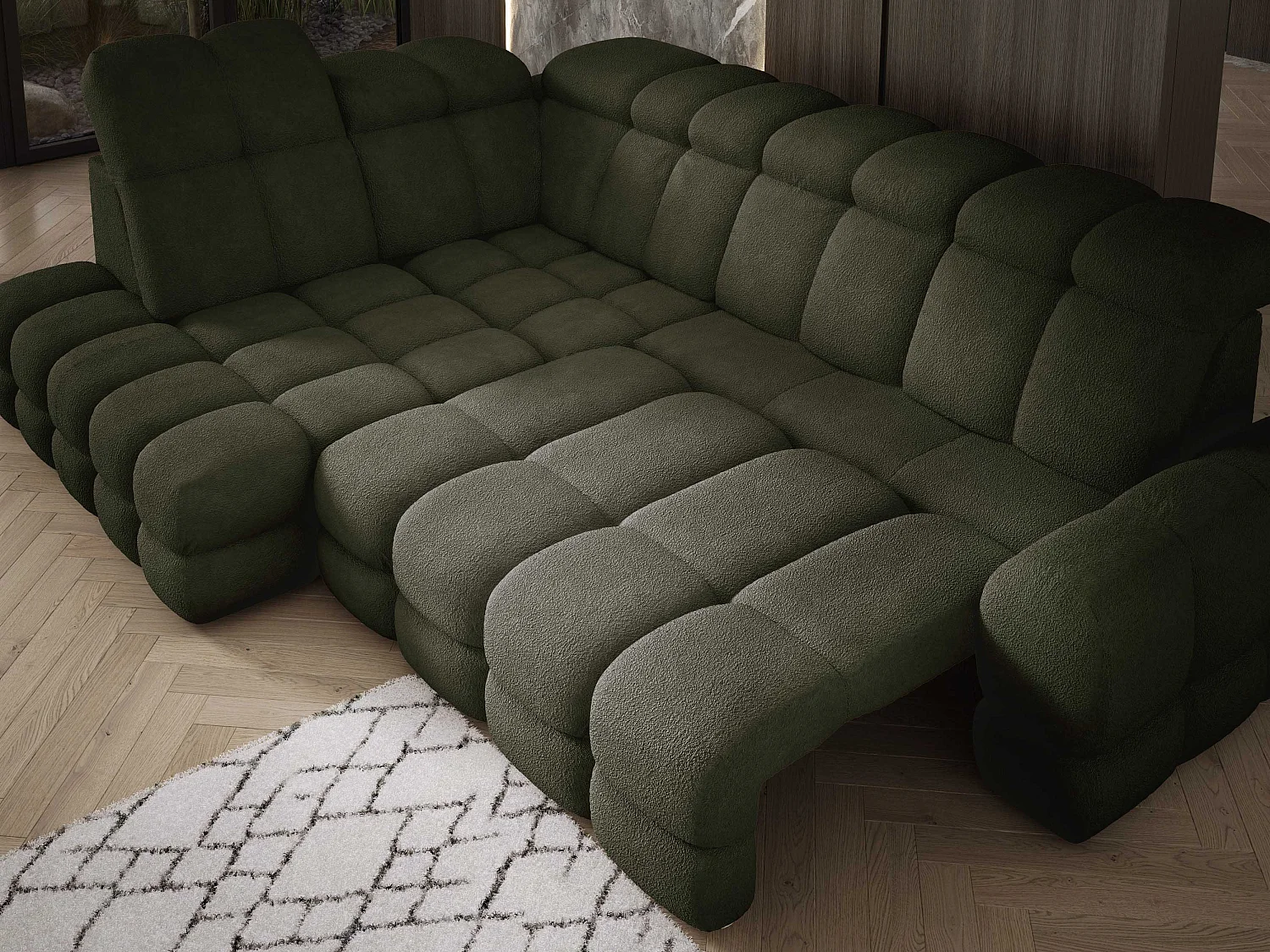 Canapé d'angle Tollo Vert tissu Anthology côté gauche 302x217x105 cm, forme L, convertible, coffre 120x85x17 cm, réglable électriquement