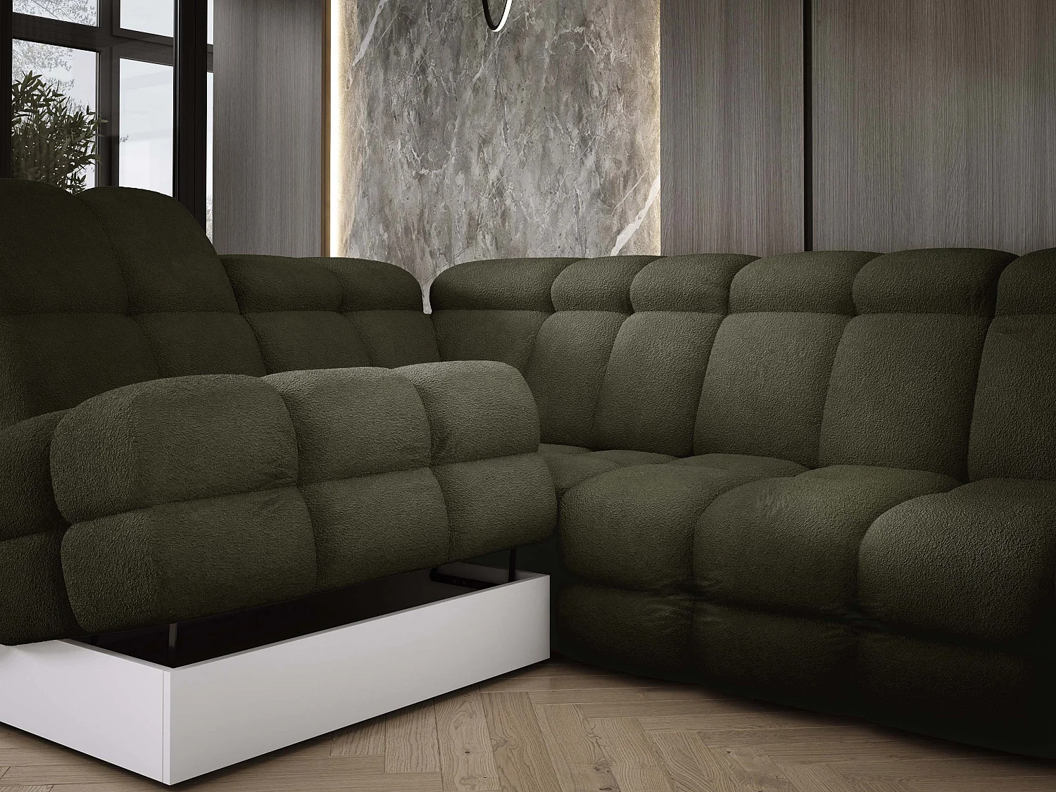 Canapé d'angle Tollo Vert tissu Anthology côté gauche 302x217x105 cm, forme L, convertible, coffre 120x85x17 cm, réglable électriquement