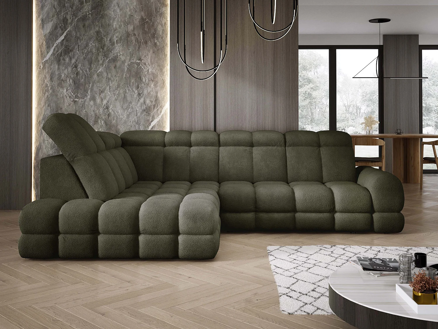 Canapé d'angle Tollo Vert tissu Anthology côté gauche 302x217x105 cm, forme L, convertible, coffre 120x85x17 cm, réglable électriquement