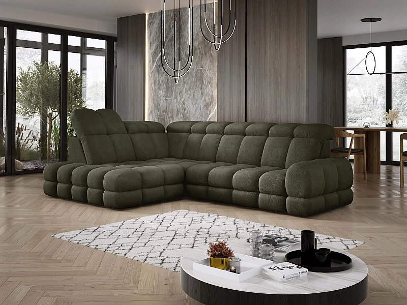 Canapé d'angle Tollo Vert tissu Anthology côté gauche 302x217x105 cm, forme L, convertible, coffre 120x85x17 cm, réglable électriquement