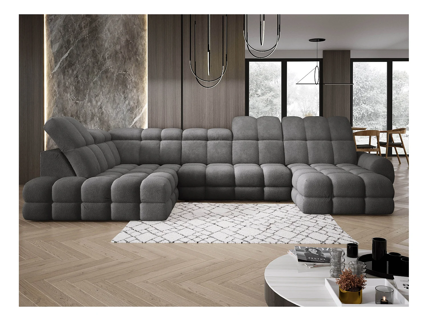 Canapé d’Angle Tollo Graphite Tissu Anthology Côté Gauche 400x217x105 cm, Forme U, Convertible, Coffre 120x85x17 cm, Réglable Électrique