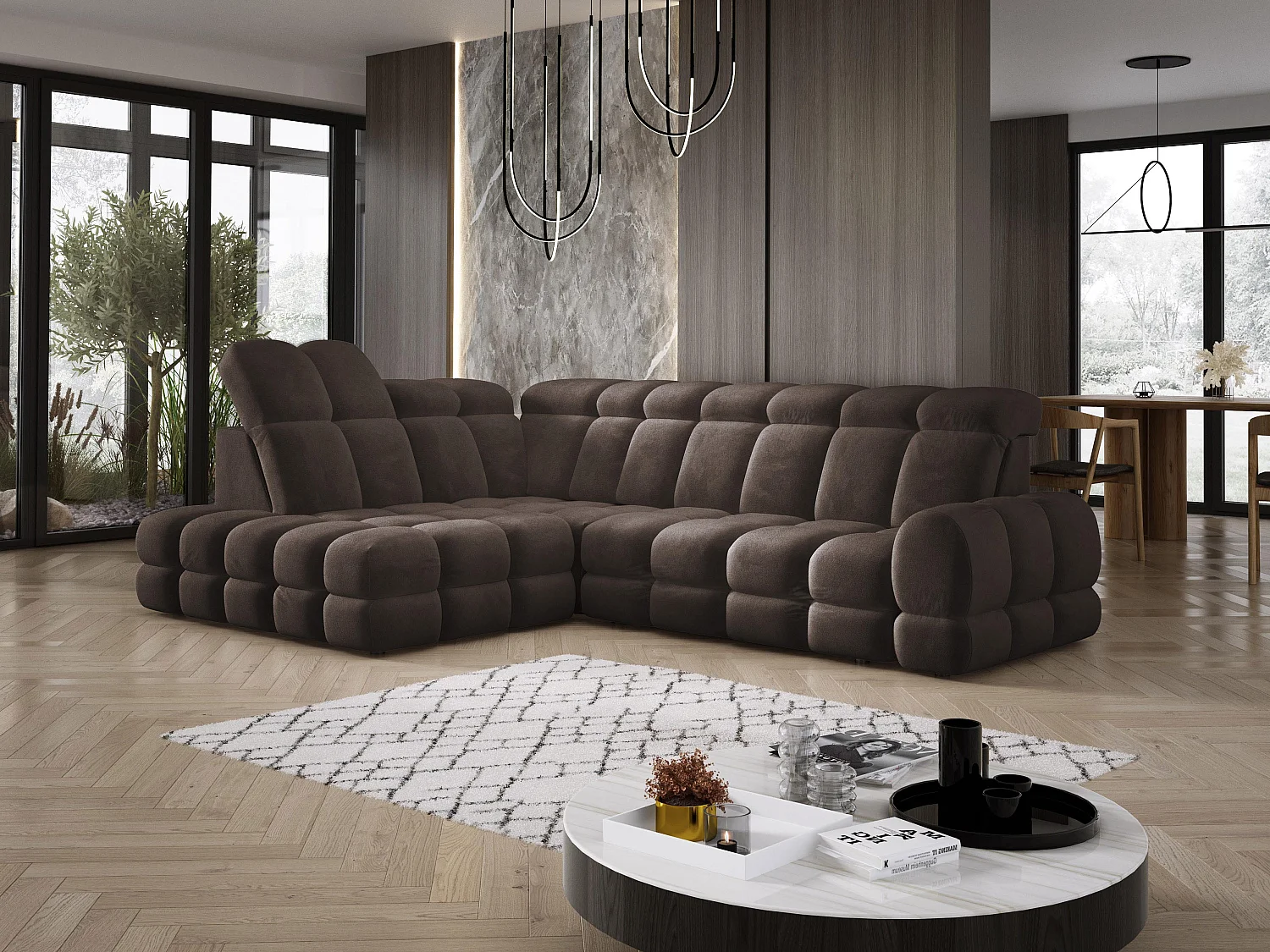 Canapé d'angle Tollo Gris tissu Salvador côté gauche 302x217x105 cm, forme L, convertible, coffre 120x85x17 cm, réglage électrique