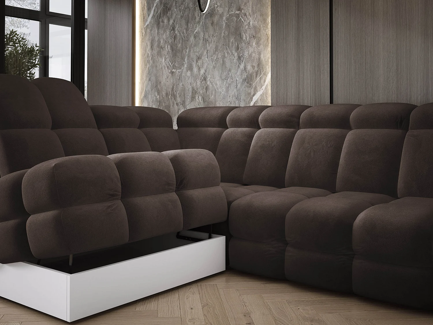 Canapé d'angle Tollo Gris tissu Salvador côté gauche 302x217x105 cm, forme L, convertible, coffre 120x85x17 cm, réglage électrique