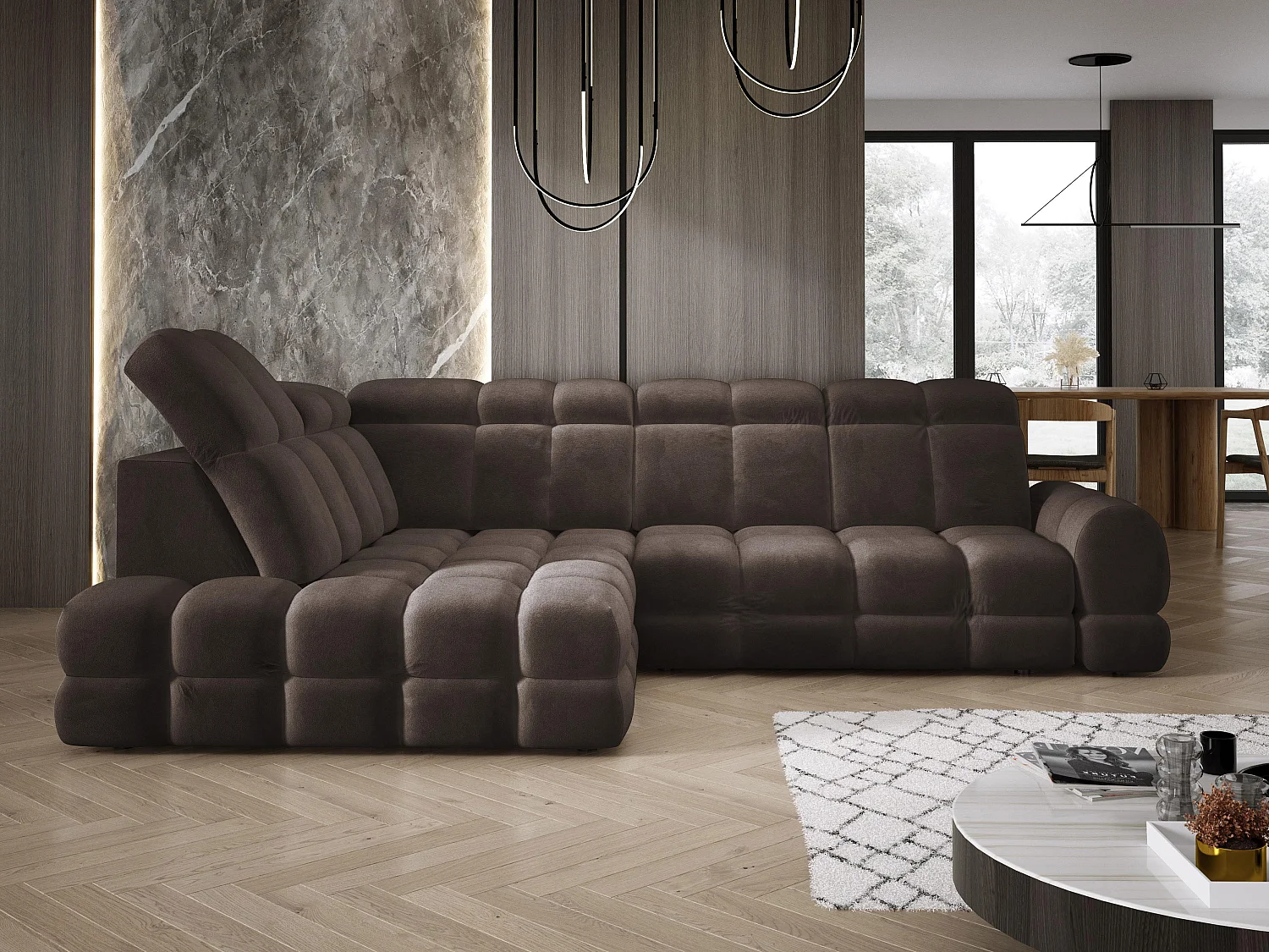 Canapé d'angle Tollo Gris tissu Salvador côté gauche 302x217x105 cm, forme L, convertible, coffre 120x85x17 cm, réglage électrique