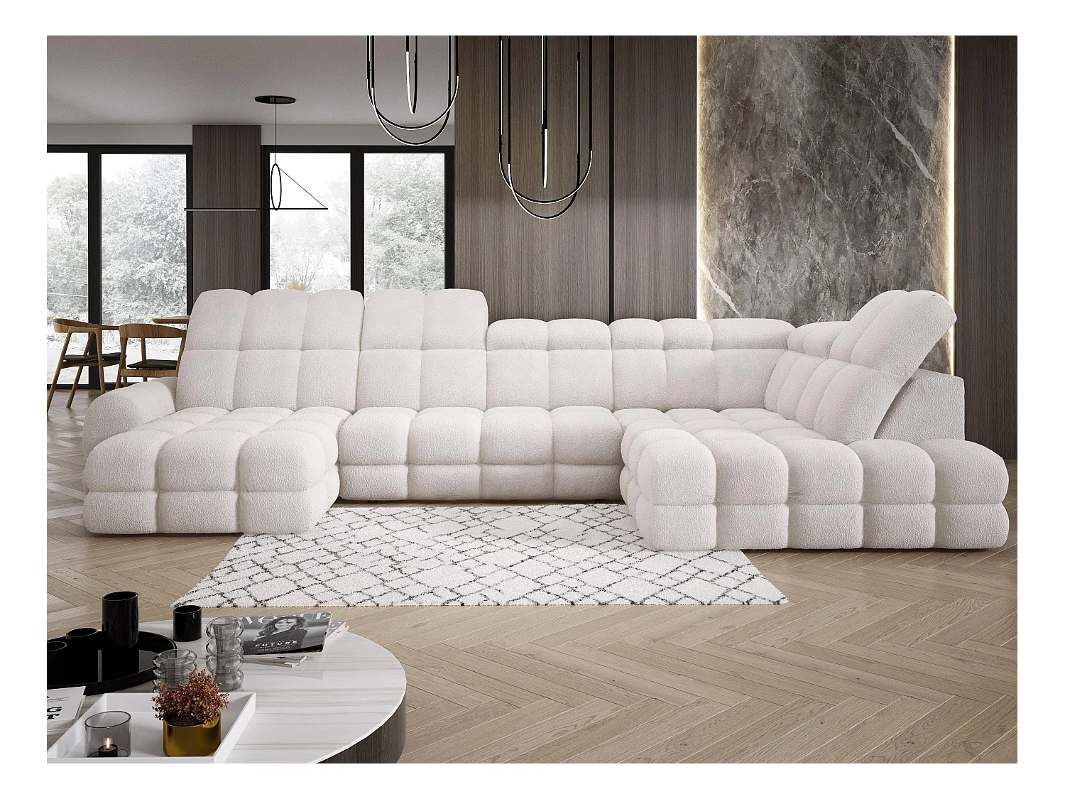 Canapé d’Angle Tollo Blanc Tissu Anthology Côté Droit 400x217x105 cm, Forme U, Convertible, Coffre 120x85x17 cm, Réglable Électrique