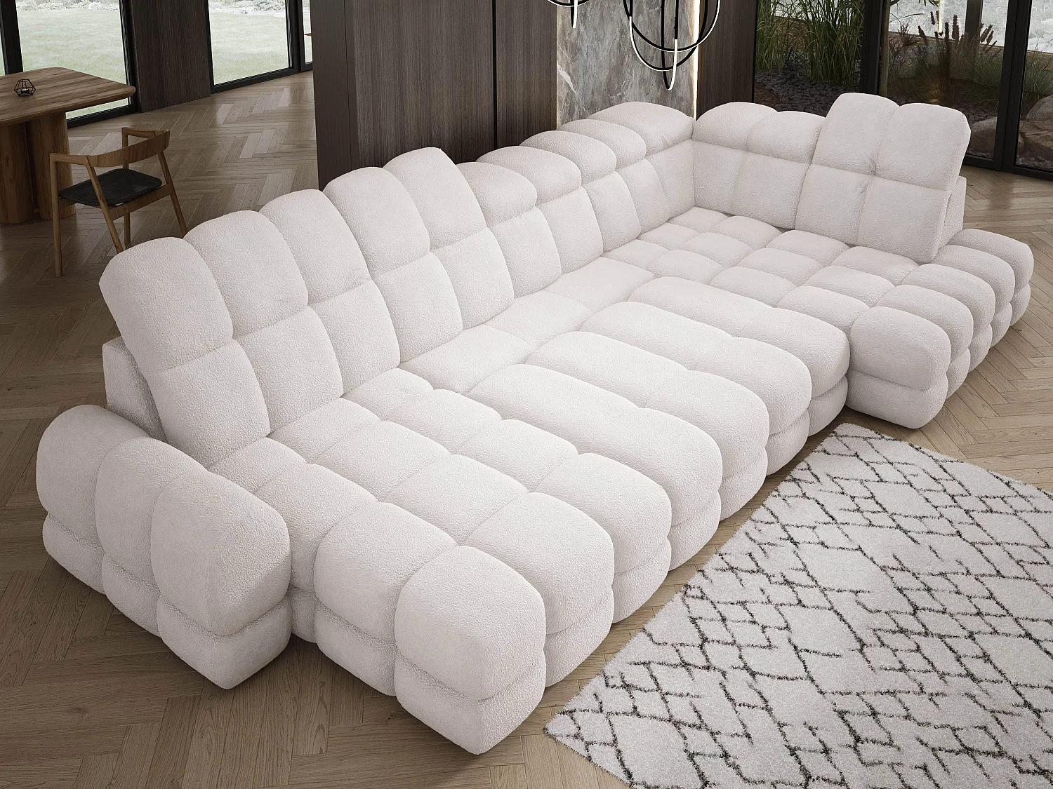 Canapé d’Angle Tollo Blanc Tissu Anthology Côté Droit 400x217x105 cm, Forme U, Convertible, Coffre 120x85x17 cm, Réglable Électrique