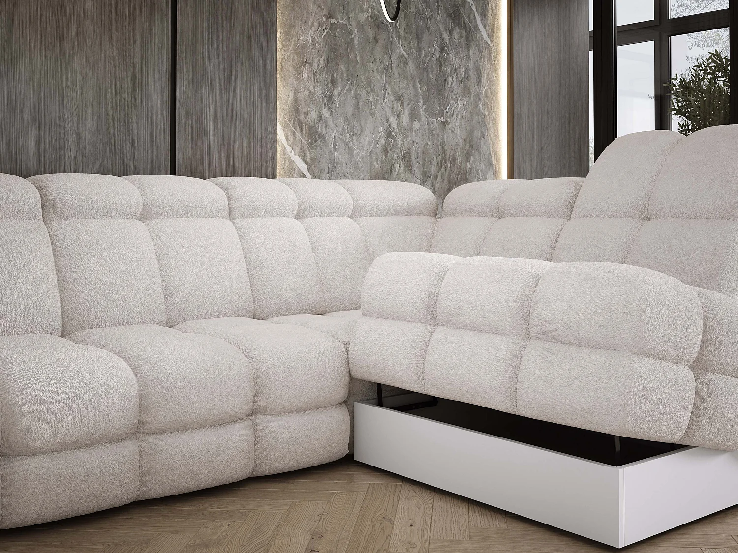 Canapé d’Angle Tollo Blanc Tissu Anthology Côté Droit 400x217x105 cm, Forme U, Convertible, Coffre 120x85x17 cm, Réglable Électrique