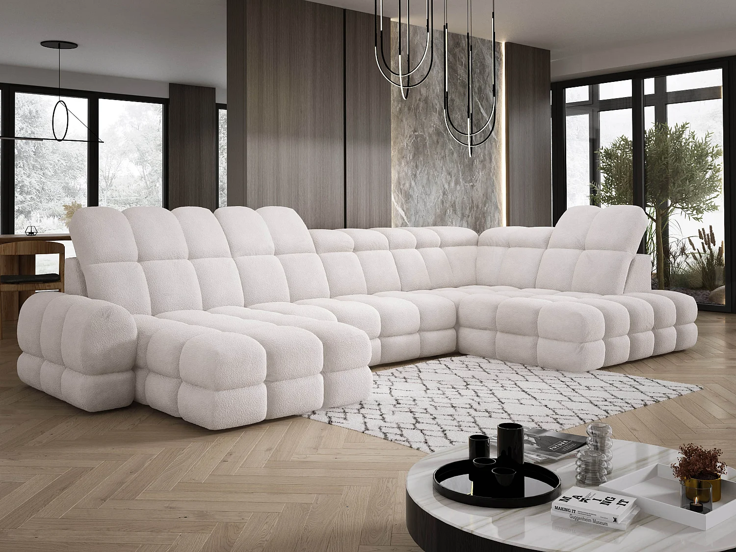 Canapé d’Angle Tollo Blanc Tissu Anthology Côté Droit 400x217x105 cm, Forme U, Convertible, Coffre 120x85x17 cm, Réglable Électrique