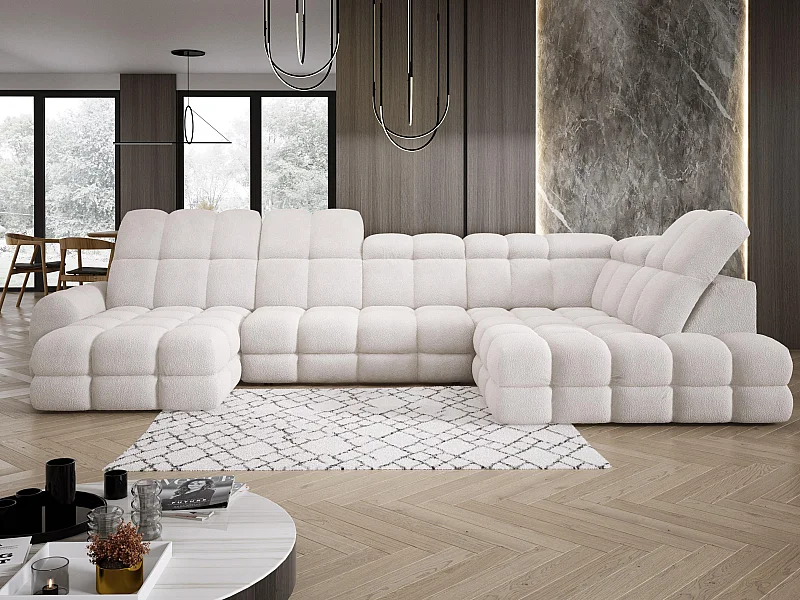 Narożnik Tollo biały, tkanina Anthology, prawa strona, 400x217x105 cm, sofa U-form z funkcją spania, pojemnik 120x85x17 cm, elektryczna regulacja