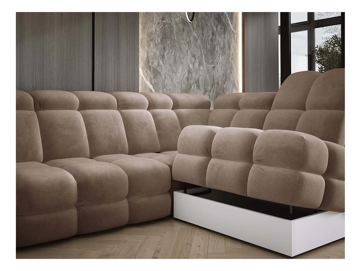 Canapé d'angle Tollo Marron tissu Salvador côté droit 302x217x105 cm, forme L, convertible, coffre 120x85x17 cm, réglage électrique