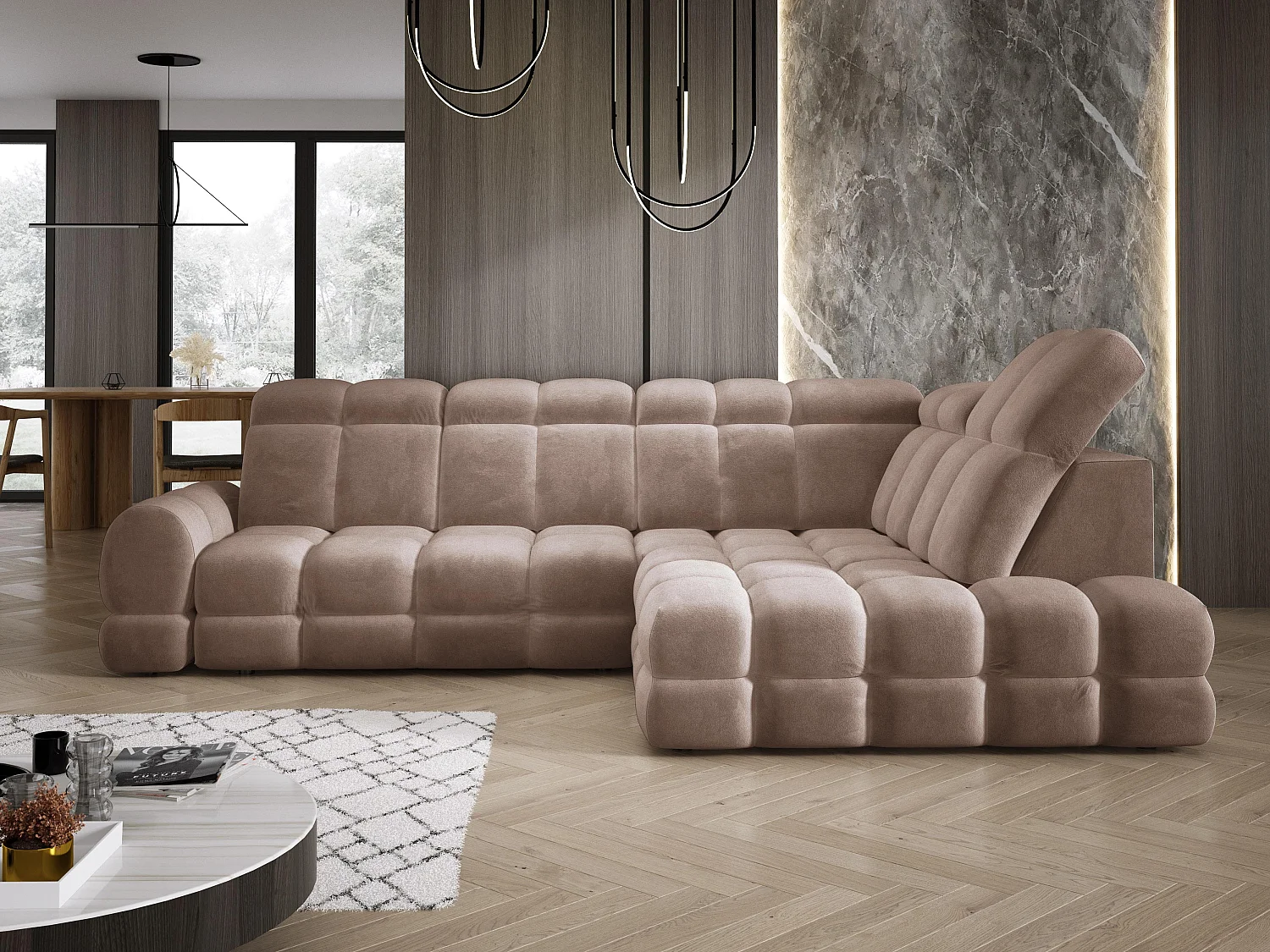 Canapé d'angle Tollo Marron tissu Salvador côté droit 302x217x105 cm, forme L, convertible, coffre 120x85x17 cm, réglage électrique