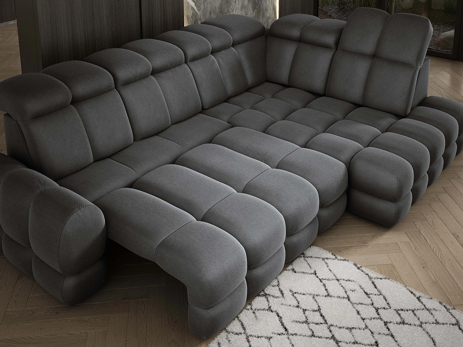 Canapé d'angle Tollo Gris tissu Solar côté droit 302x217x105 cm, forme L, convertible, coffre 120x85x17 cm, réglage électrique