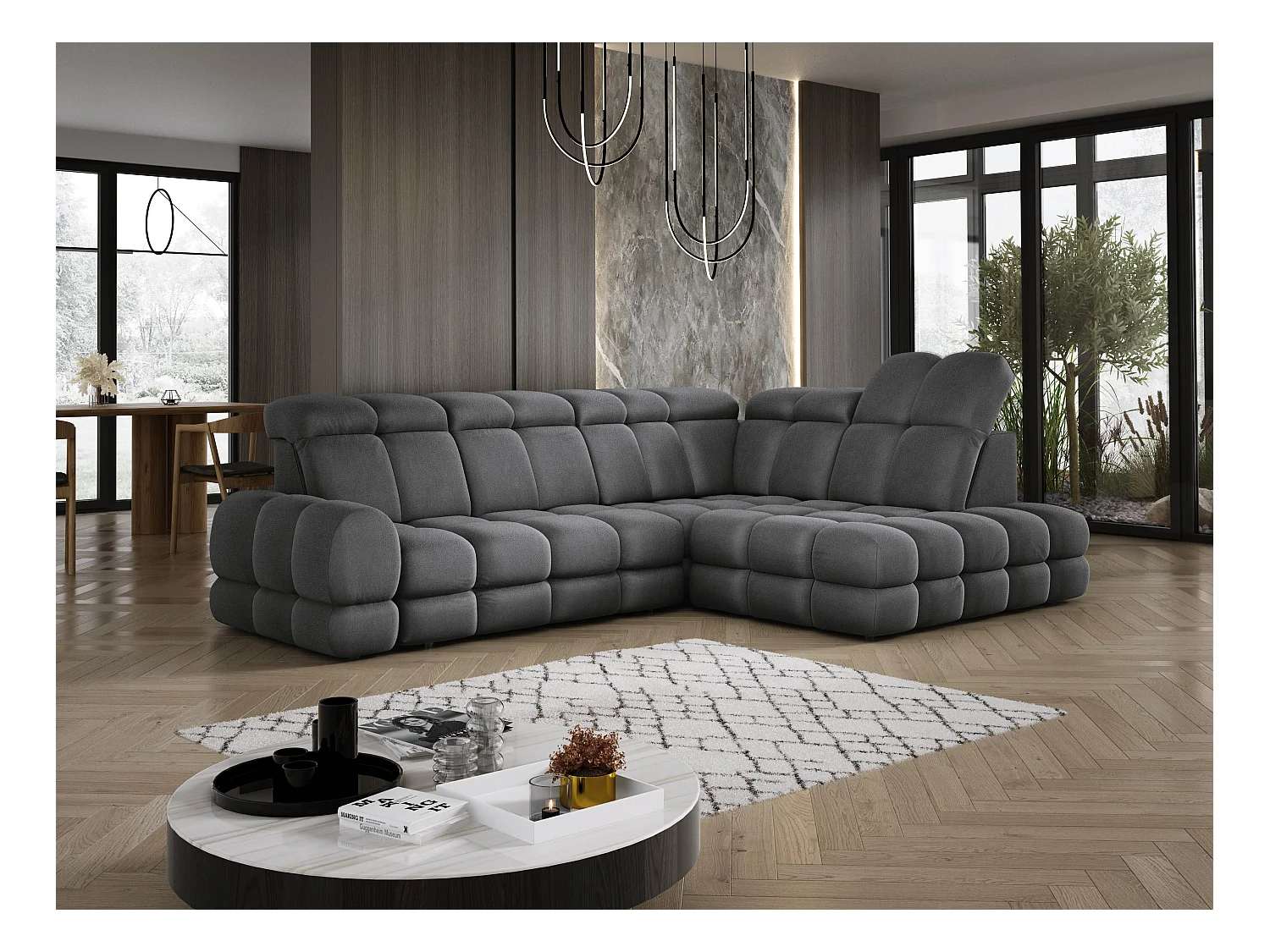 Canapé d'angle Tollo Gris tissu Solar côté droit 302x217x105 cm, forme L, convertible, coffre 120x85x17 cm, réglage électrique