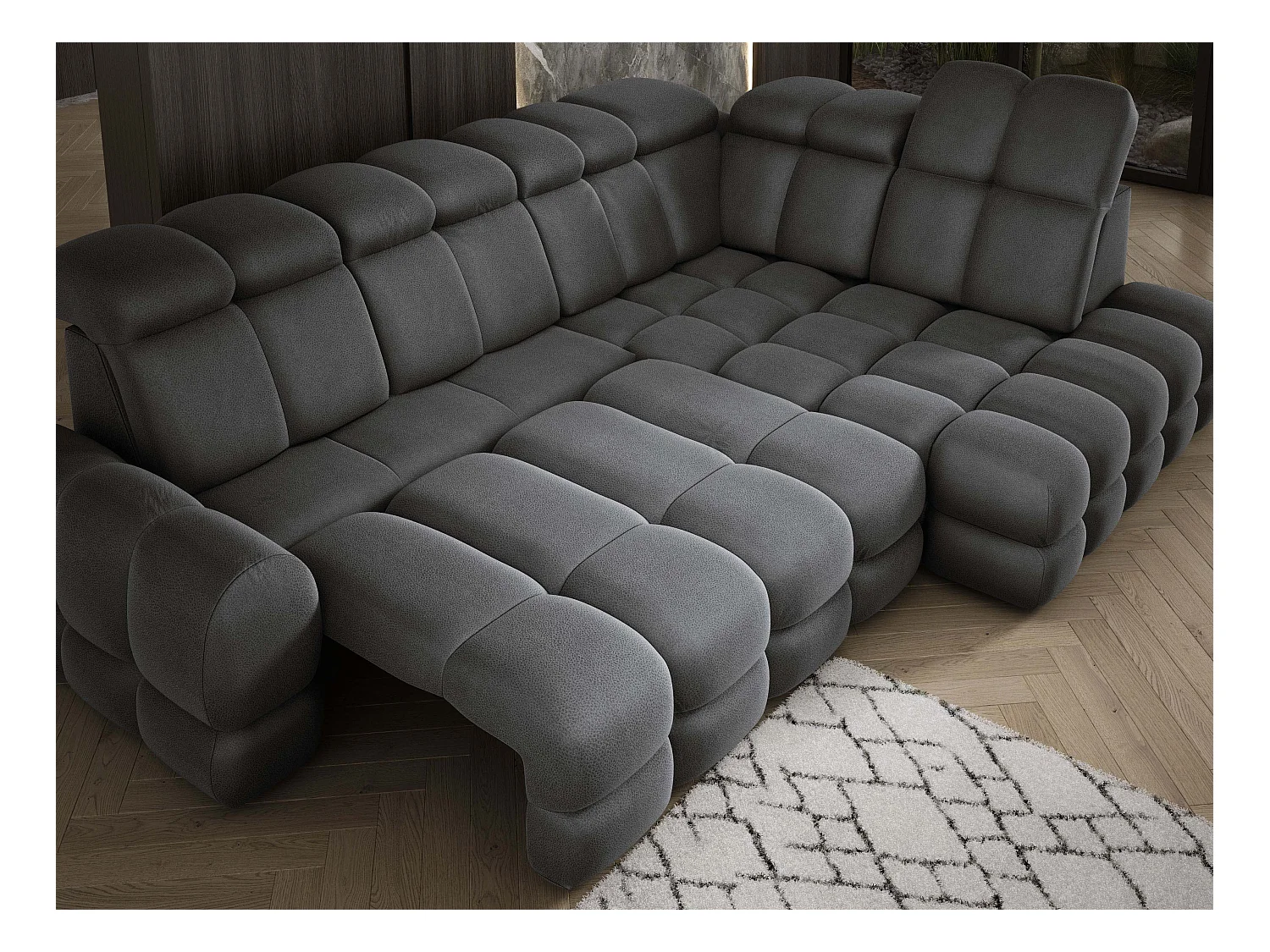 Ecksofa Tollo Grau Solar-Stoff rechts 302x217x105 cm, L-Form, Schlaffunktion, Bettkasten 120x85x17 cm, elektrisch verstellbar