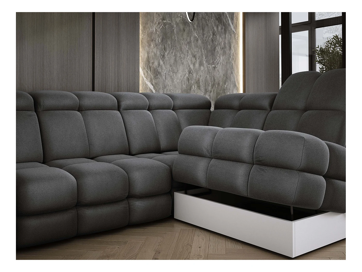 Ecksofa Tollo Grau Solar-Stoff rechts 302x217x105 cm, L-Form, Schlaffunktion, Bettkasten 120x85x17 cm, elektrisch verstellbar