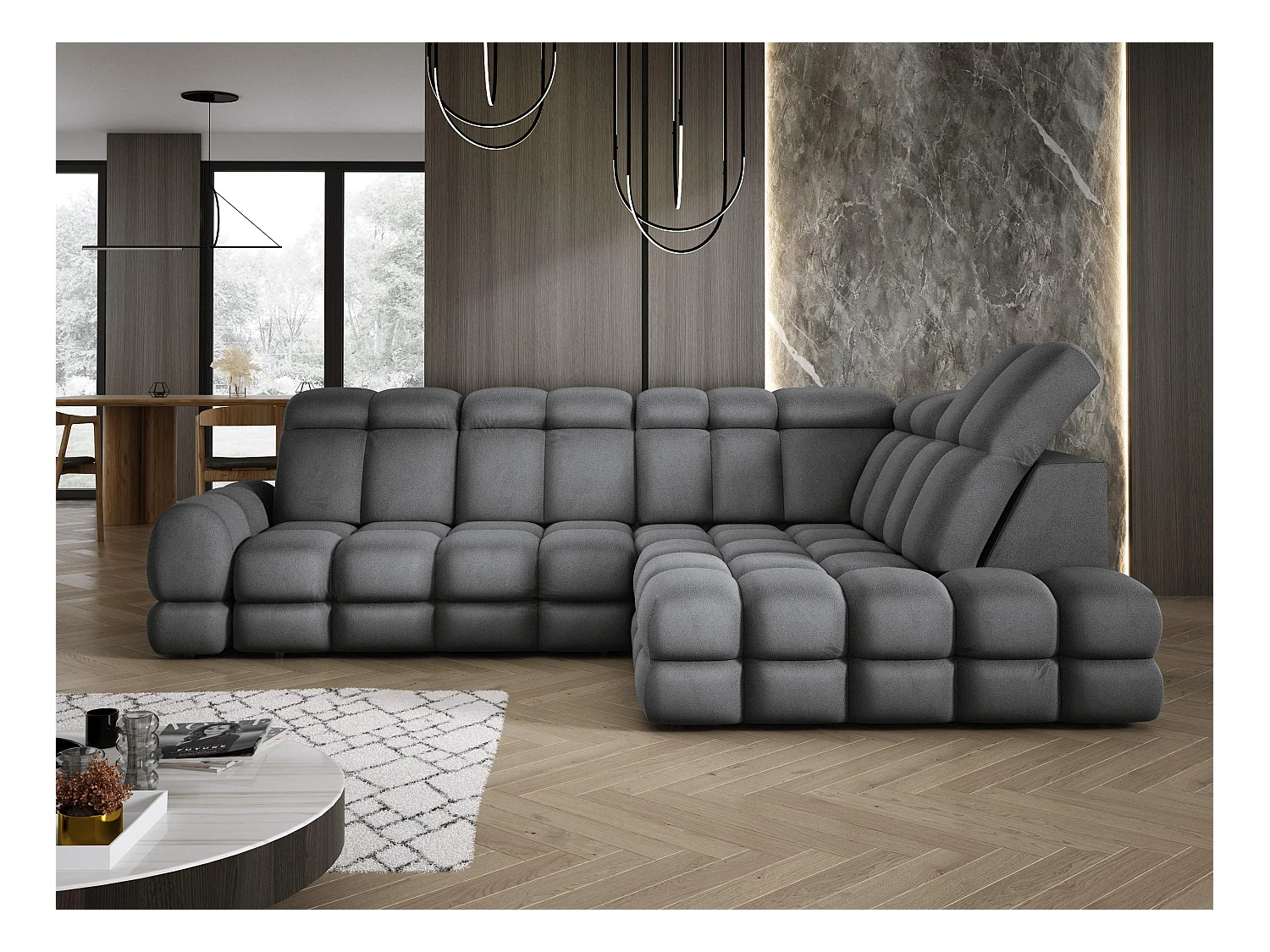 Ecksofa Tollo Grau Solar-Stoff rechts 302x217x105 cm, L-Form, Schlaffunktion, Bettkasten 120x85x17 cm, elektrisch verstellbar