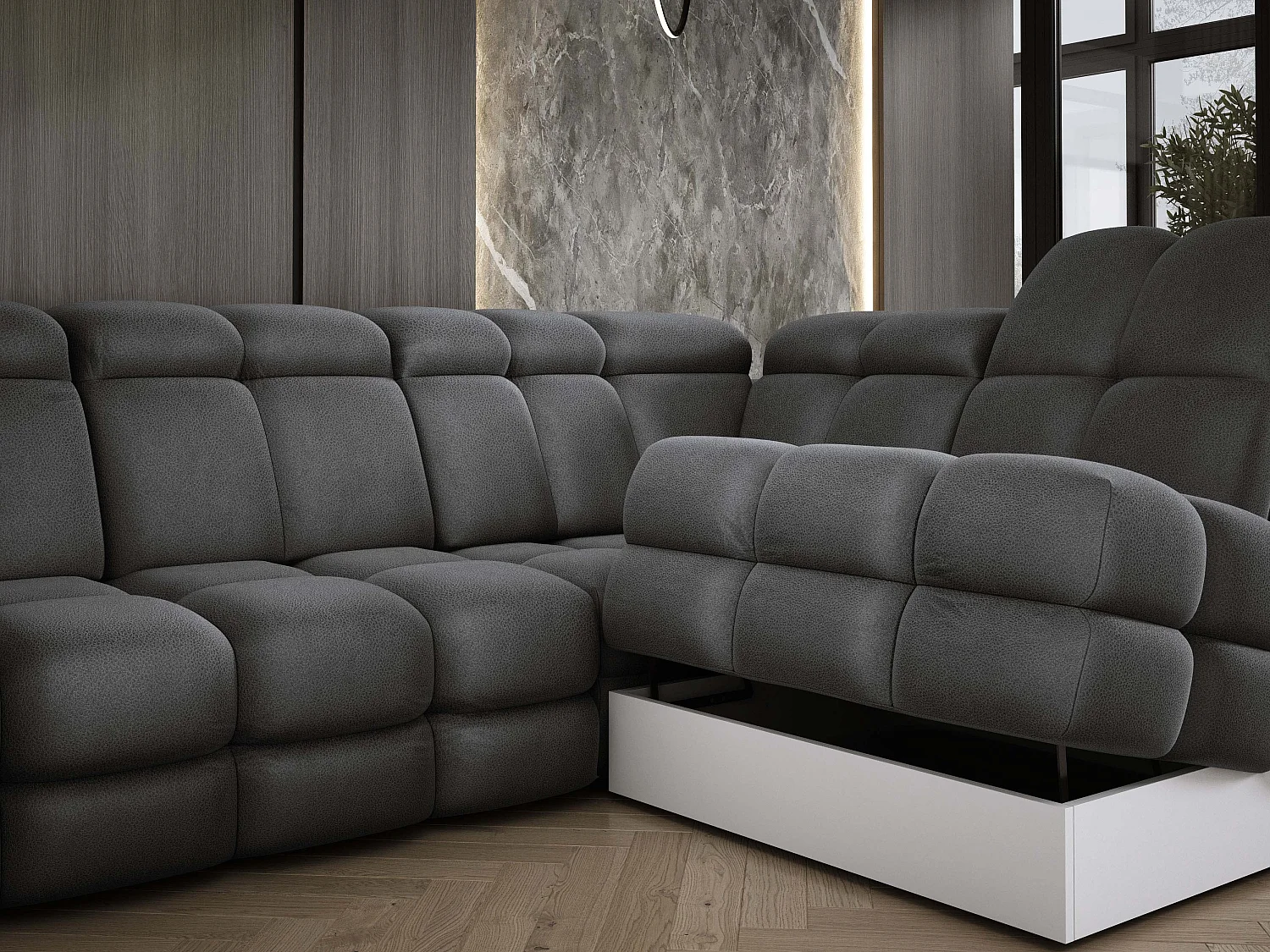 Canapé d'angle Tollo Gris tissu Solar côté droit 302x217x105 cm, forme L, convertible, coffre 120x85x17 cm, réglage électrique