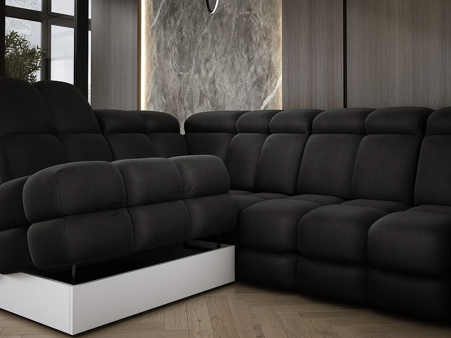 Canapé d'angle Tollo Anthracite tissu Solar côté gauche 302x217x105 cm, forme L, convertible, coffre 120x85x17 cm, réglage électrique