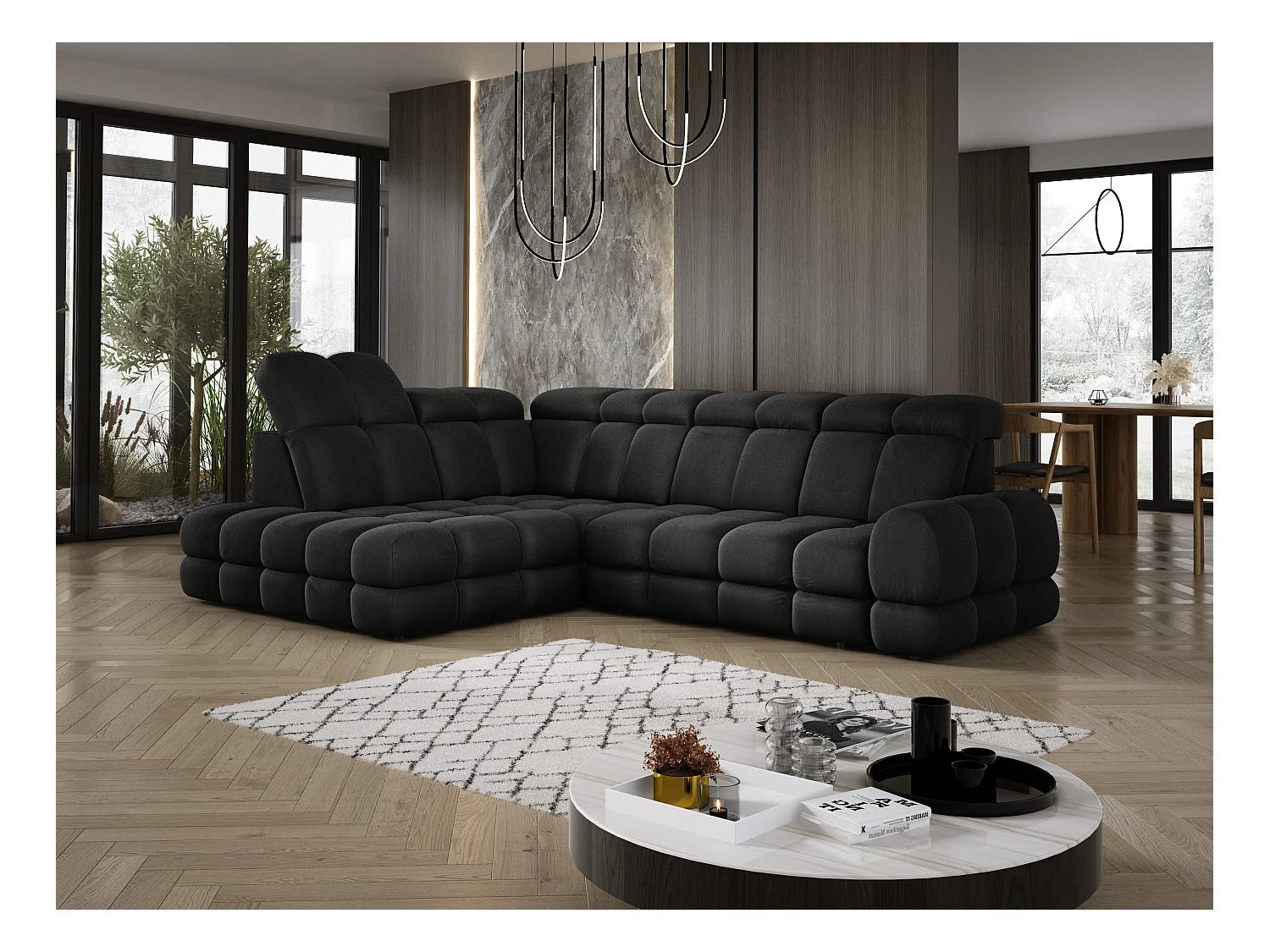 Ecksofa Tollo Anthrazit Solar-Stoff links 302x217x105 cm, L-Form, Schlaffunktion, Bettkasten 120x85x17 cm, elektrisch verstellbar