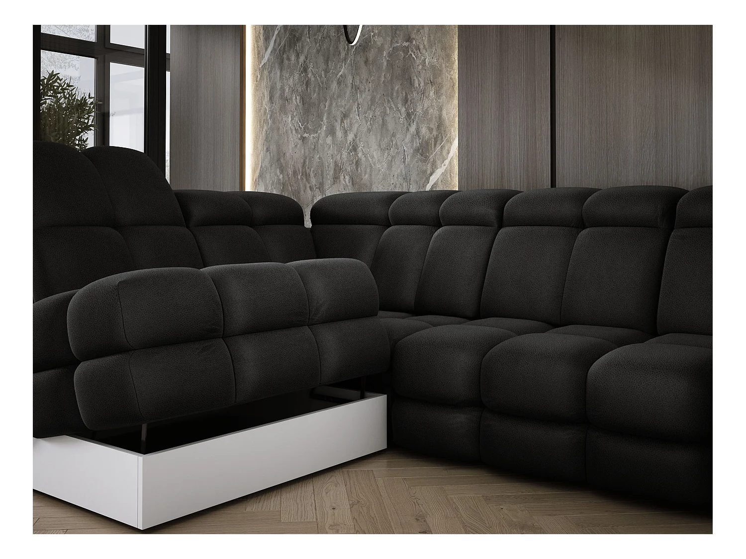 Ecksofa Tollo Anthrazit Solar-Stoff links 302x217x105 cm, L-Form, Schlaffunktion, Bettkasten 120x85x17 cm, elektrisch verstellbar