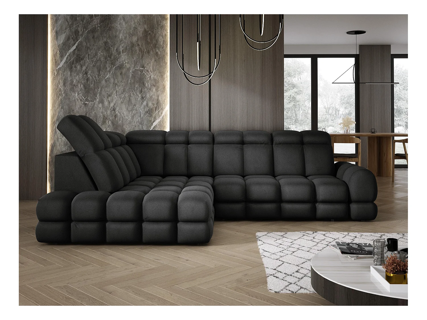 Ecksofa Tollo Anthrazit Solar-Stoff links 302x217x105 cm, L-Form, Schlaffunktion, Bettkasten 120x85x17 cm, elektrisch verstellbar