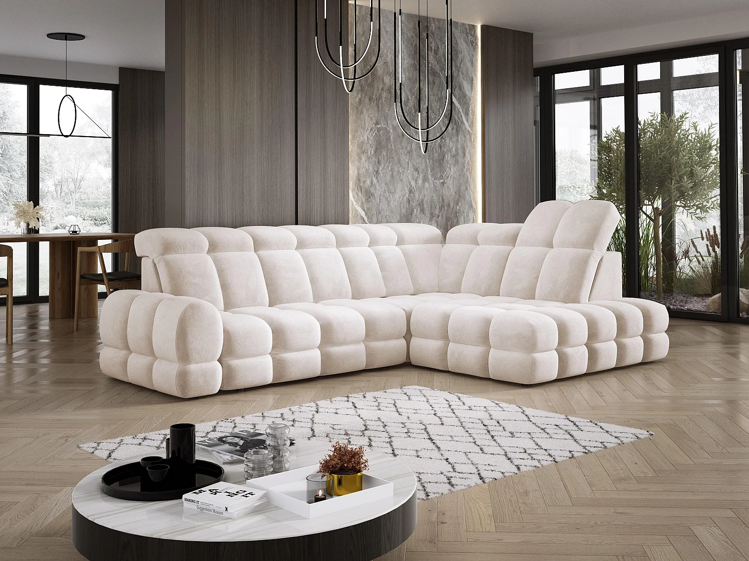 Canapé d'angle Tollo Crème tissu Salvador côté droit 302x217x105 cm, forme L, convertible, coffre 120x85x17 cm, réglage électrique