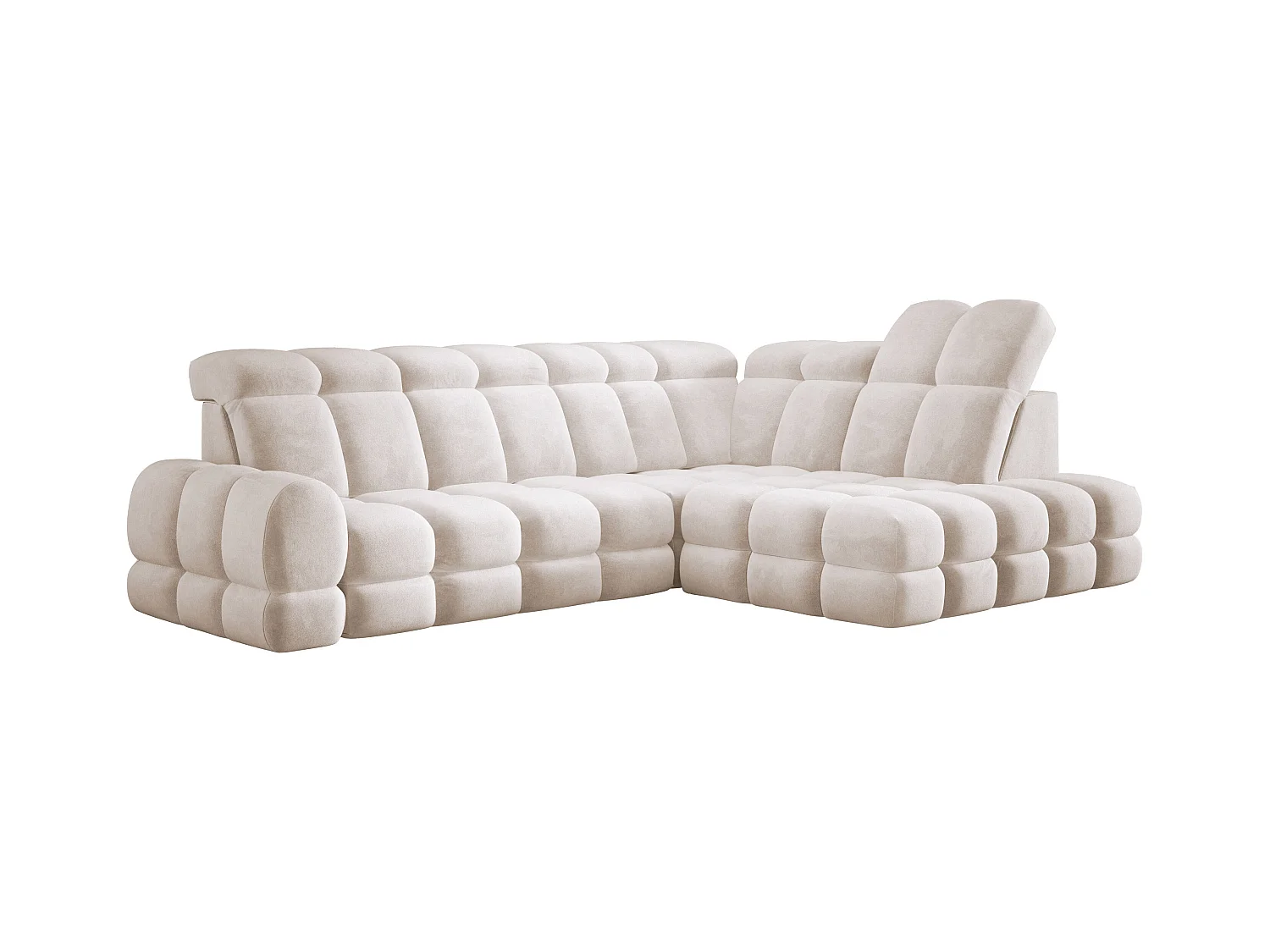 Canapé d'angle Tollo Crème tissu Salvador côté droit 302x217x105 cm, forme L, convertible, coffre 120x85x17 cm, réglage électrique