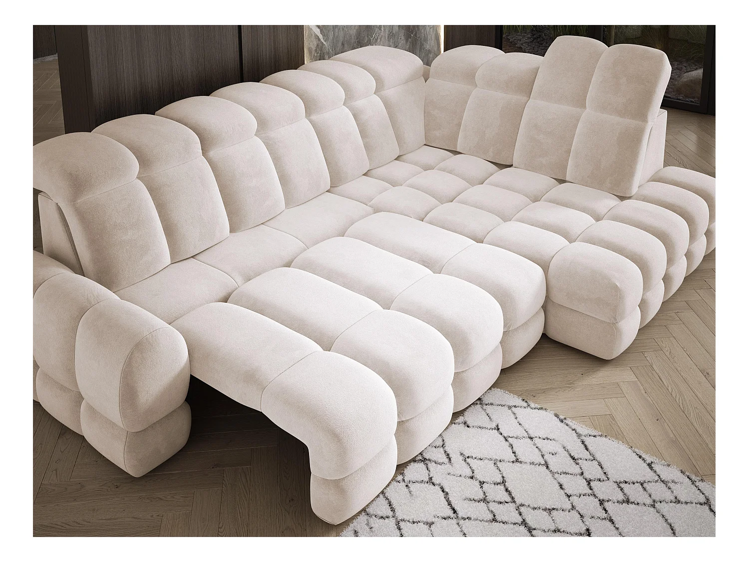 Canapé d'angle Tollo Crème tissu Salvador côté droit 302x217x105 cm, forme L, convertible, coffre 120x85x17 cm, réglage électrique